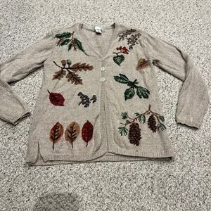 KB Collection Vintage Embroidered Cardigan Sweater Sz M Fall Leaves Trees